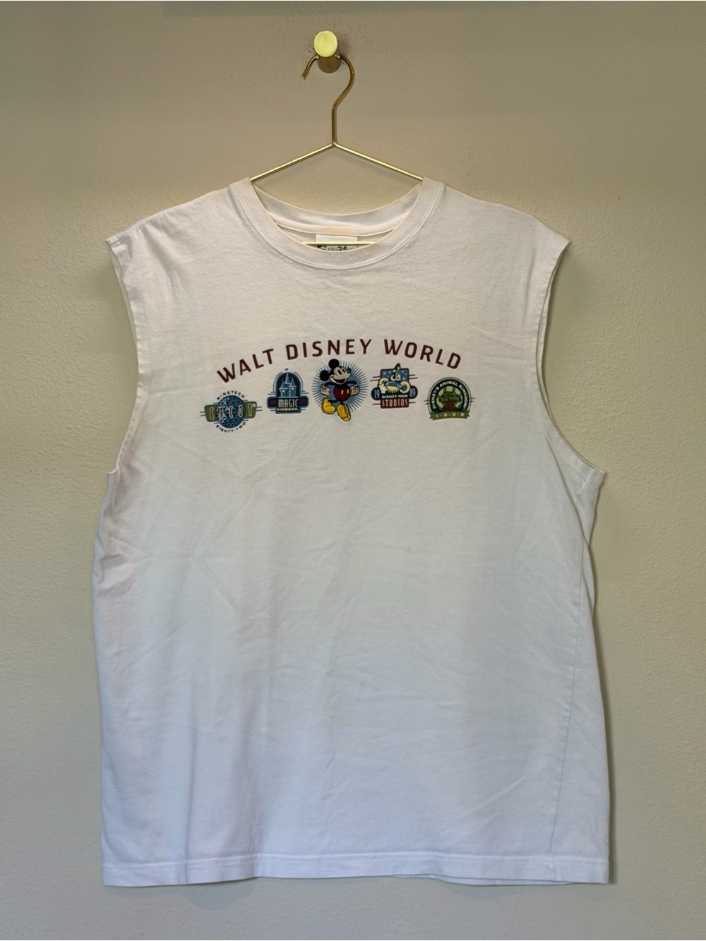 Vintage Disney White Sleeveless Tee with Mickey Badge Graphics